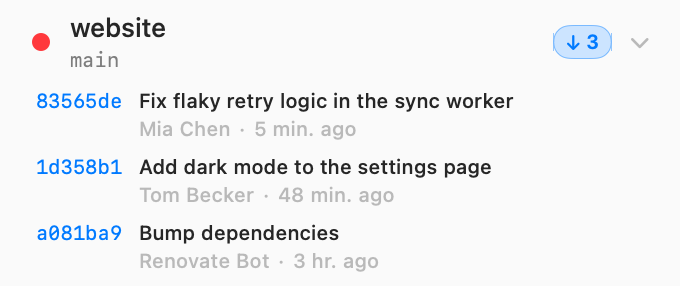An expanded repository row listing three incoming commits with their short SHAs, subjects, authors and relative times.