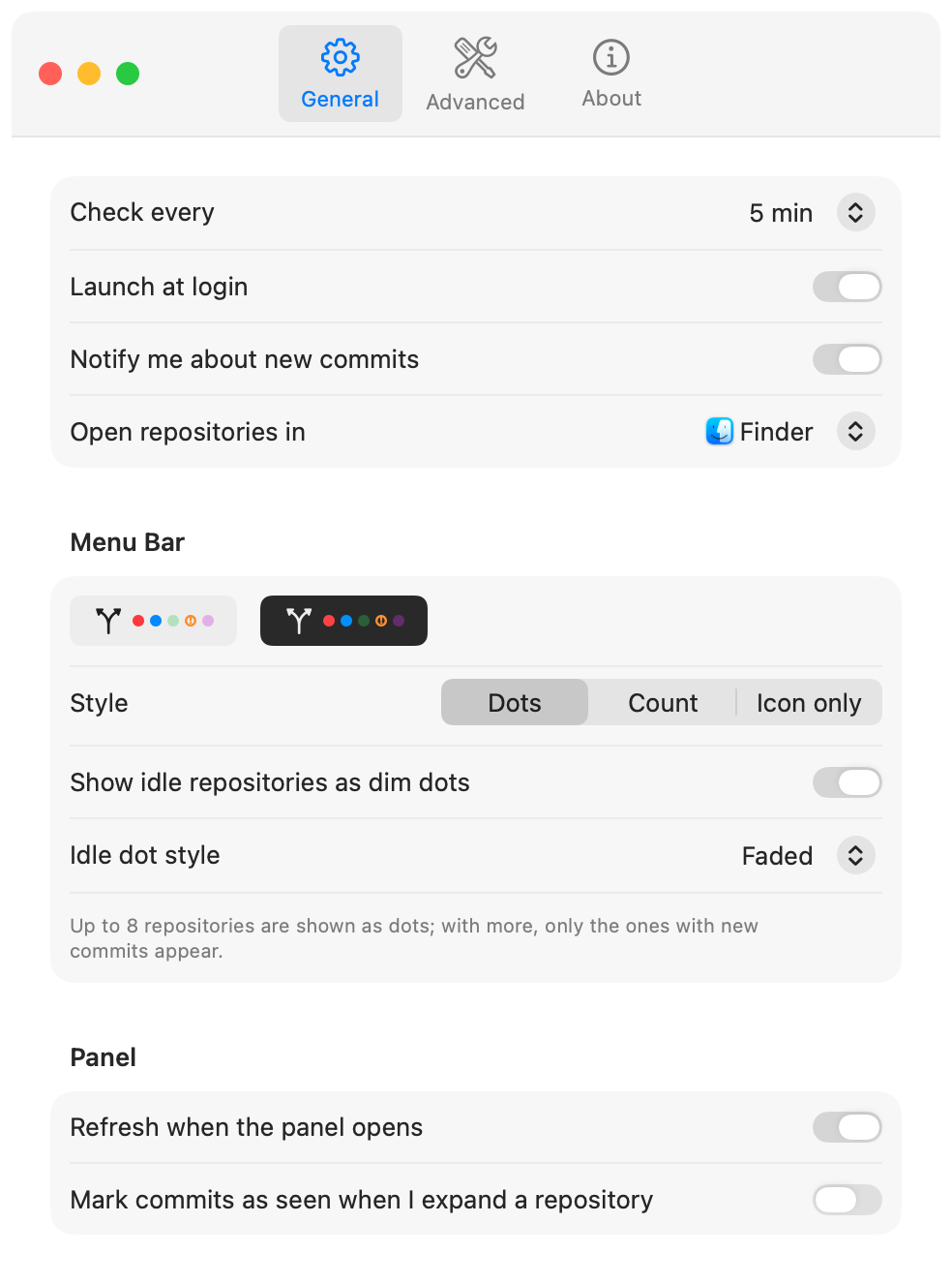 RepoBar Settings, General tab: check interval, launch at login, notifications, open repositories in, and the menu bar style with a live preview.